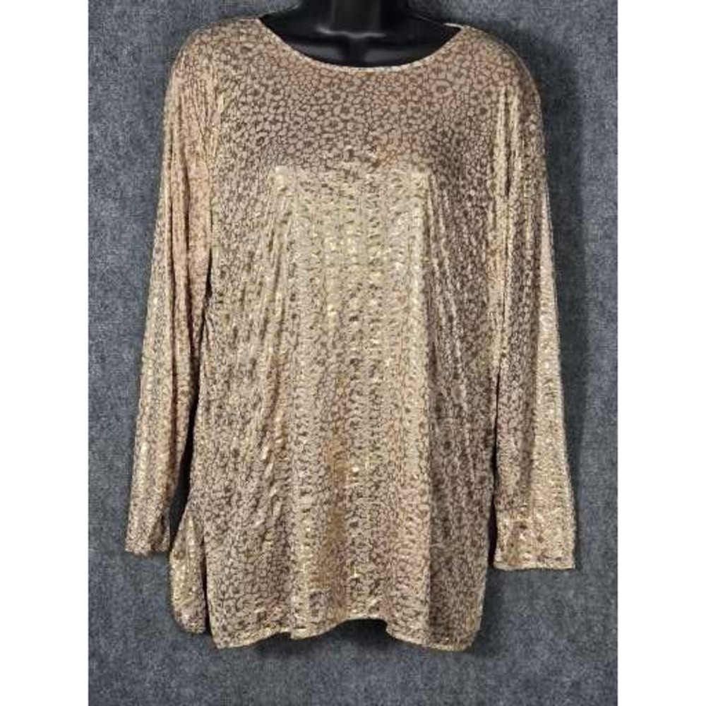 VTG Jessica Michelle Gold Metallic Foil Tunic Top Long Sleeve Crew Neck Womens